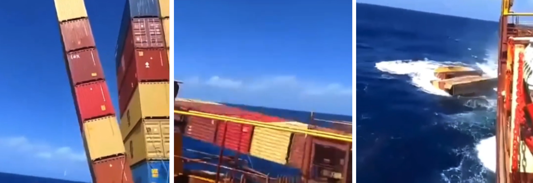 Momento en que un buque pierde siete contenedores en el Océano Índico