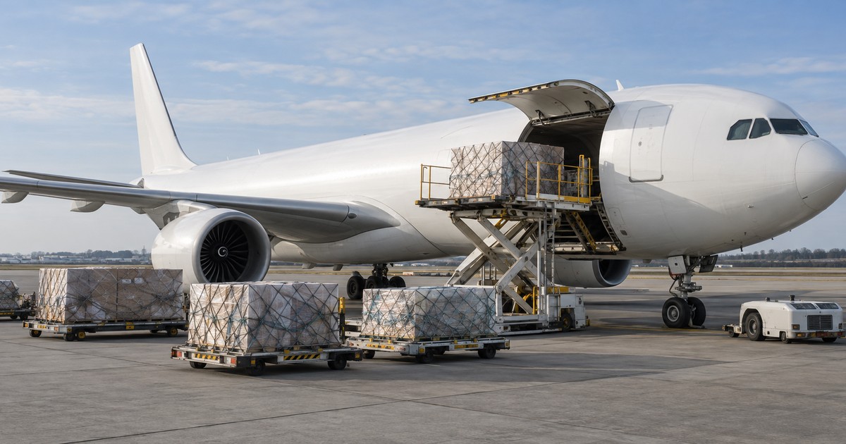 Avión carguero de fuselaje ancho con pallets en plataforma aeroportuaria
