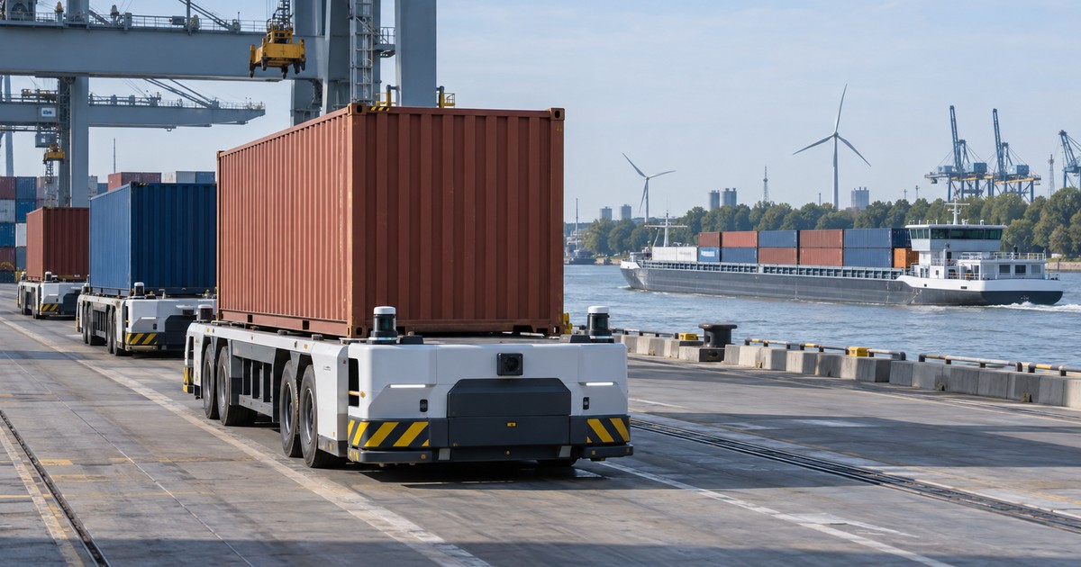Camión autónomo transporta un contenedor en un puerto junto a una vía interior