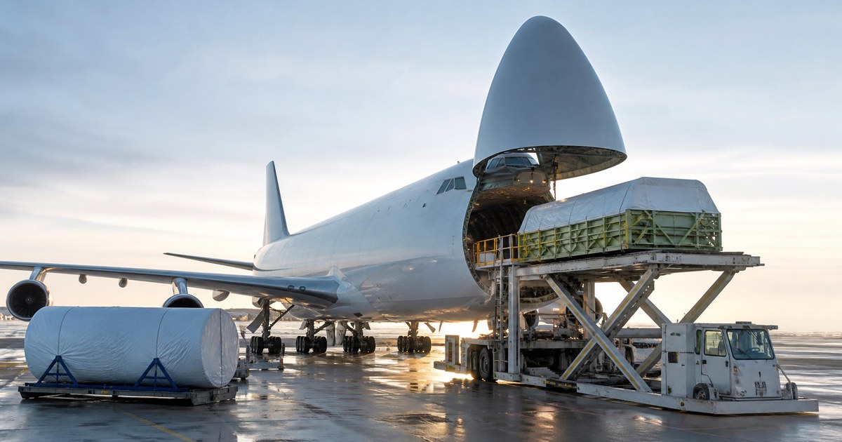 Avión de carga pesada cargando contenedor aeroespacial en plataforma aeroportuaria