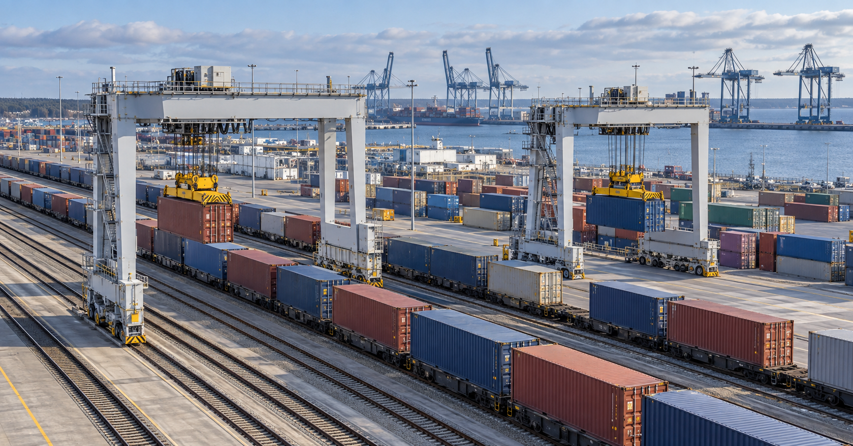 Grúas eléctricas RMG operando sobre trenes de contenedores