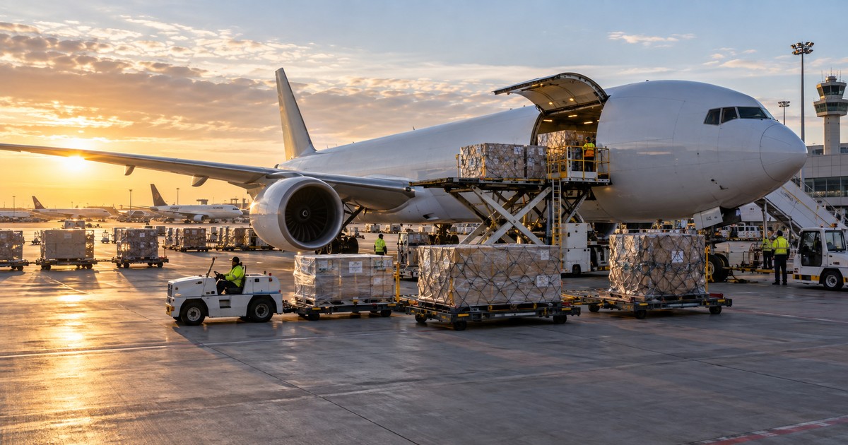 Avion carguero siendo cargado con pallets en plataforma aeroportuaria