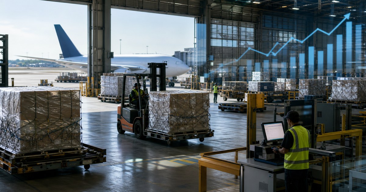Almacén de carga aérea con pallets, montacargas y avión carguero al fondo