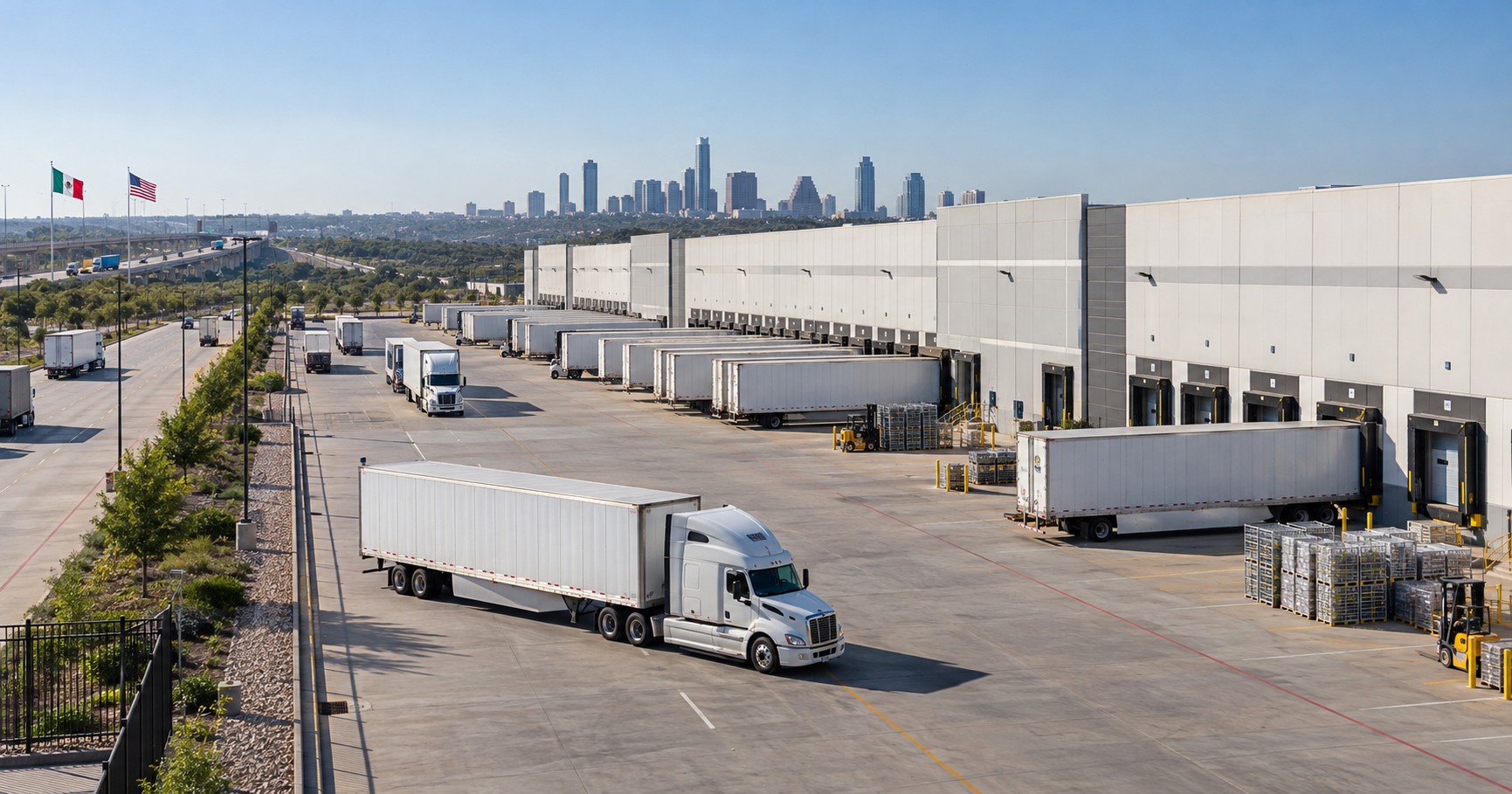 Centro de distribución automotriz con camiones en Texas
