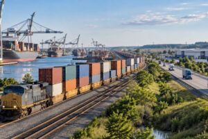 Tren intermodal con contenedores conectando un puerto con centros logisticos interiores