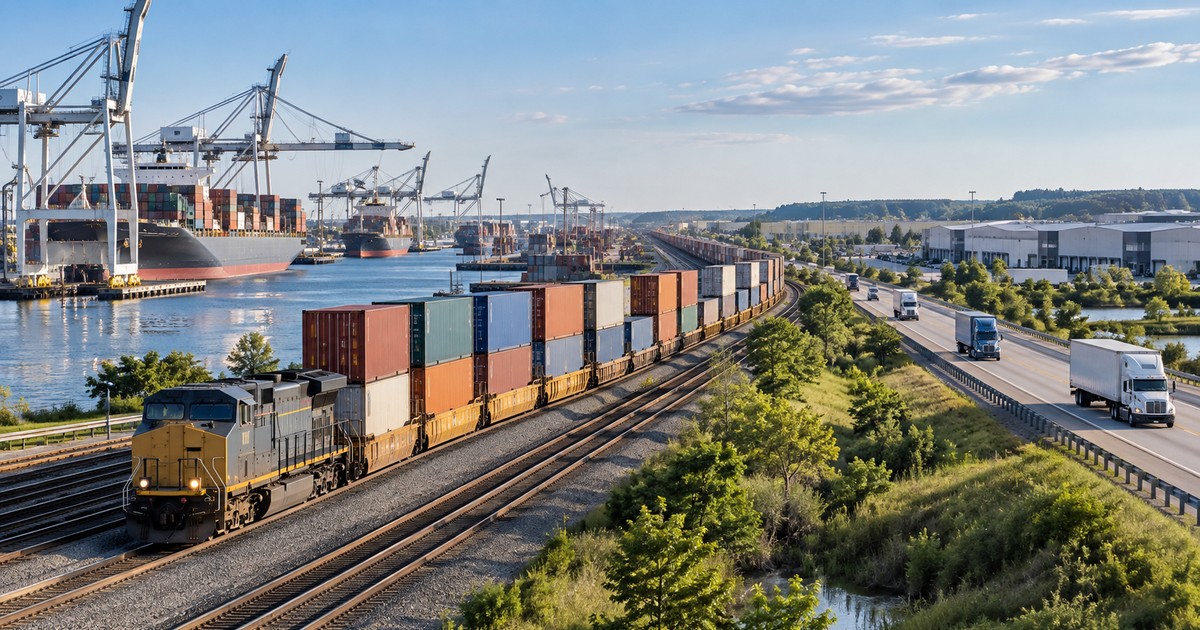 Tren intermodal con contenedores conectando un puerto con centros logisticos interiores