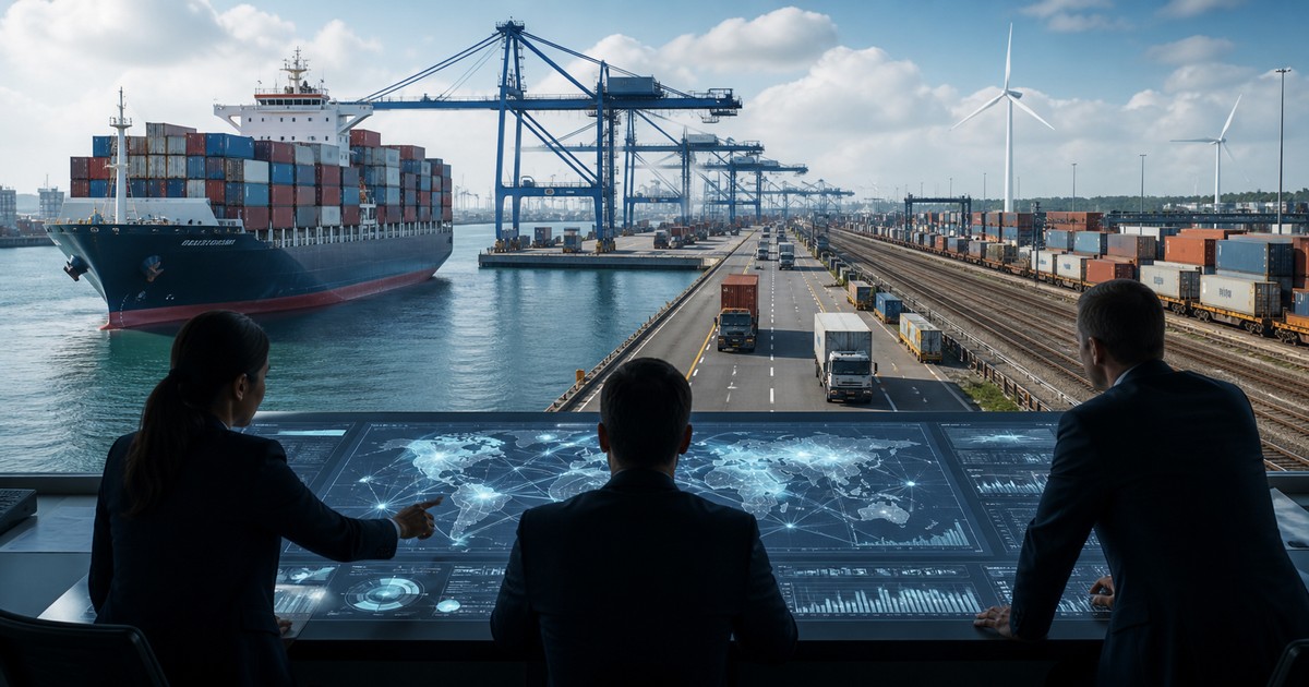 Centro de planificación logística con puerto, trenes y contenedores