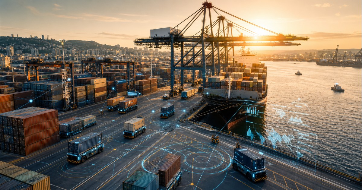 Terminal portuaria moderna con contenedores, grúas y señales digitales de automatización