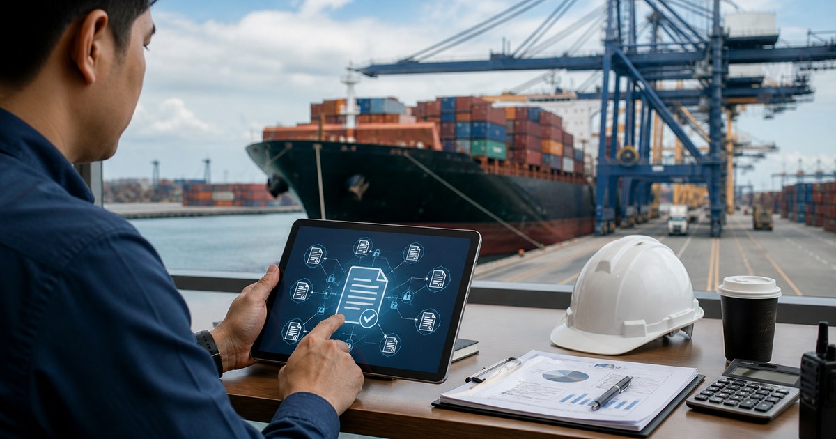 Operador logístico revisando documentos digitales frente a un buque portacontenedores
