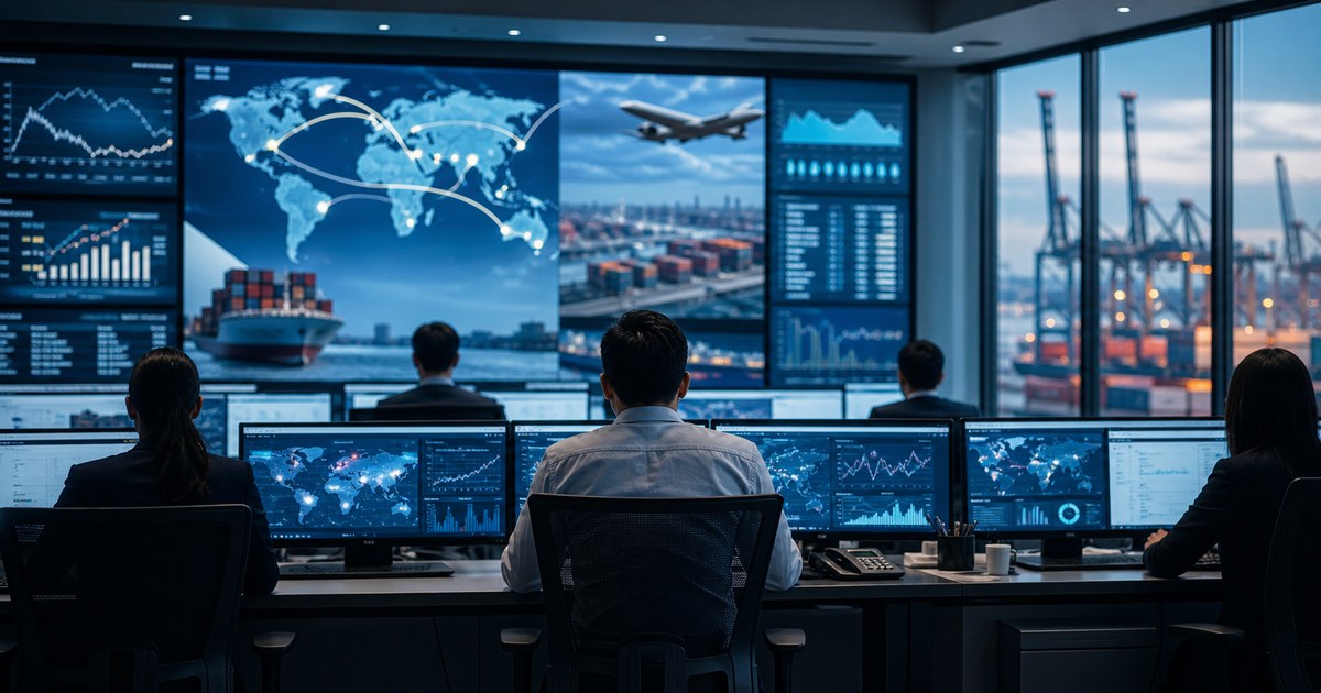 Centro de control logístico con pantallas de rutas globales y operaciones de carga