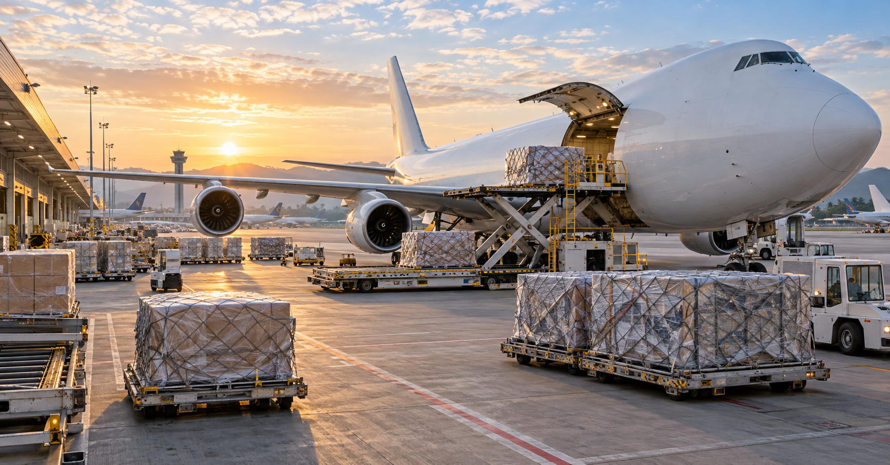 Avión carguero recibiendo pallets en una terminal aérea