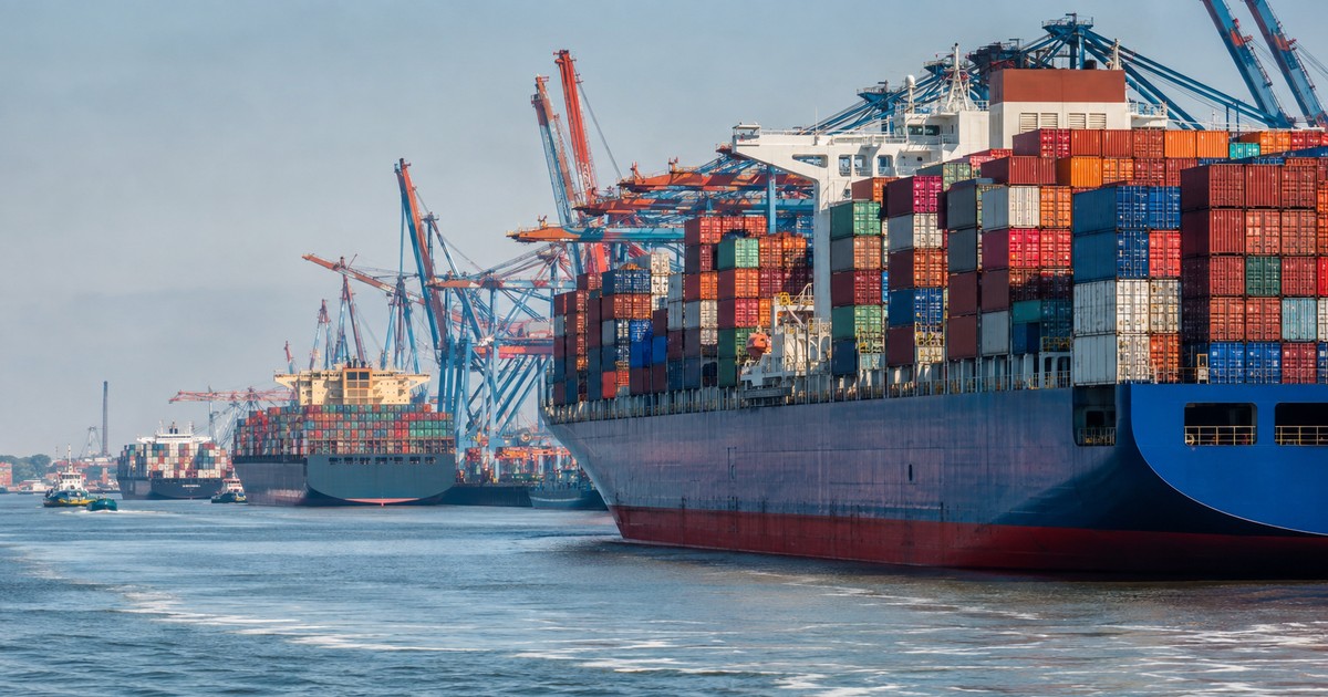 Grandes portacontenedores operando junto a una terminal con grúas y pilas de contenedores