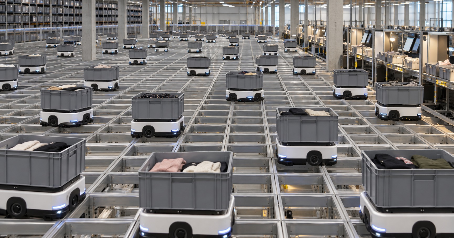 Robots móviles con contenedores en un almacén de moda