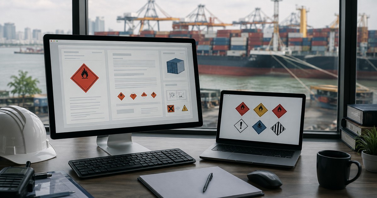 Pantallas con documentación digital de carga peligrosa frente a una terminal portuaria