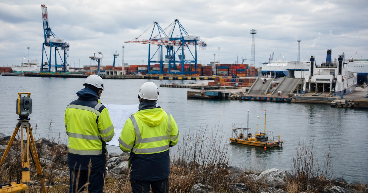 Terminal portuaria moderna en Helsinki con grúas y buques en operación