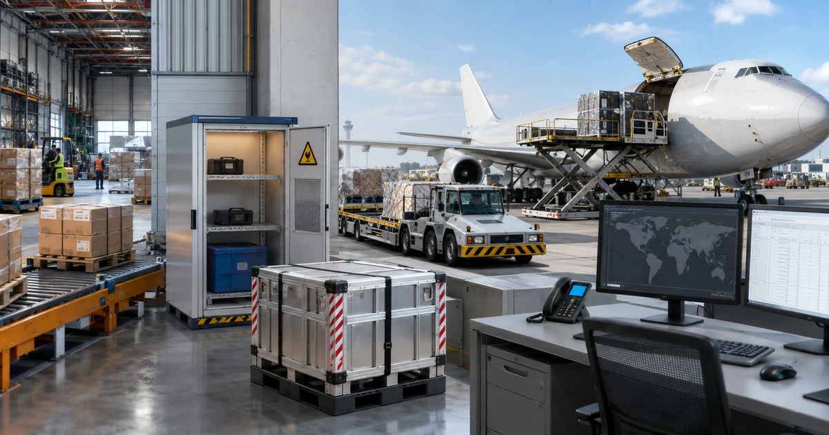 Almacén de carga aérea con avión carguero, equipos terrestres y estación digital