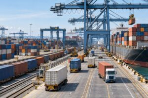 Terminal de contenedores con gruas buques camiones y trenes en operacion