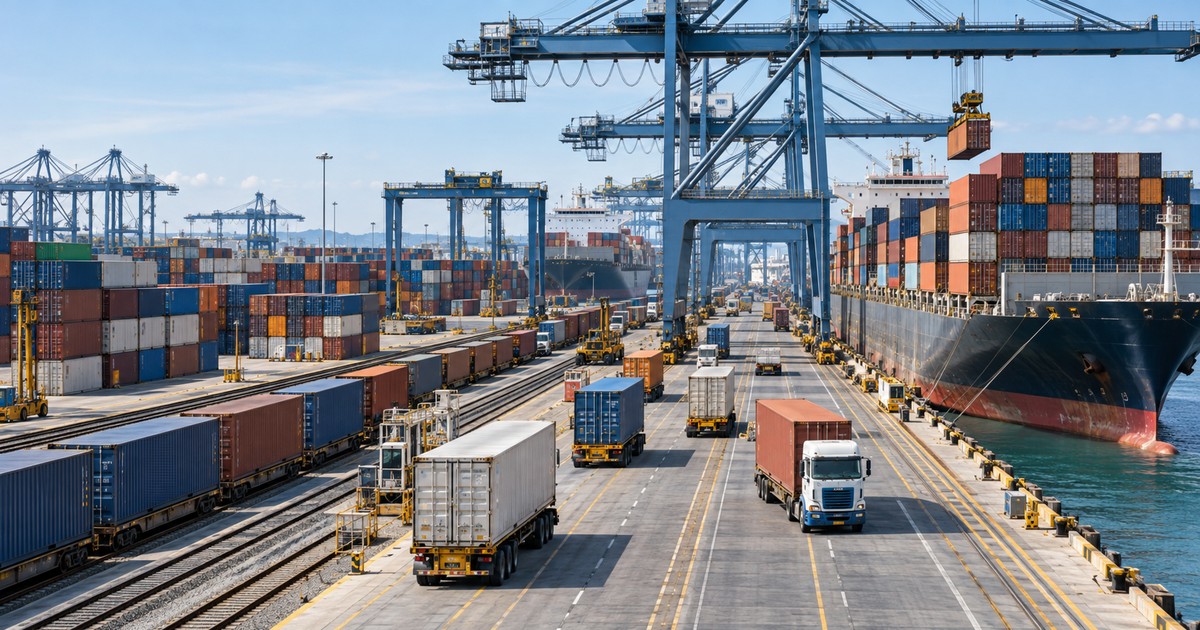 Terminal de contenedores con gruas buques camiones y trenes en operacion