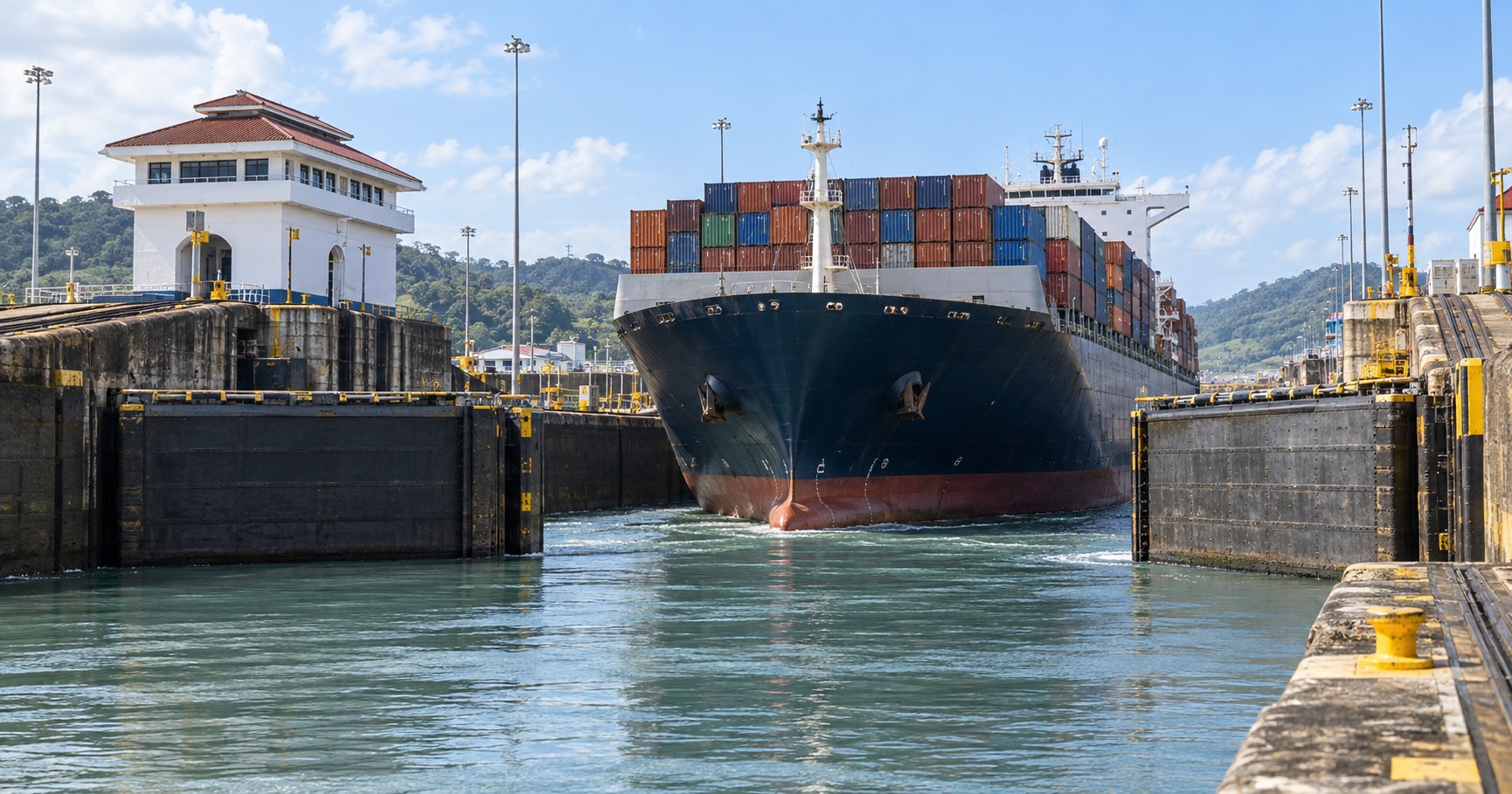 Buque portacontenedores cruzando una esclusa del Canal de Panamá