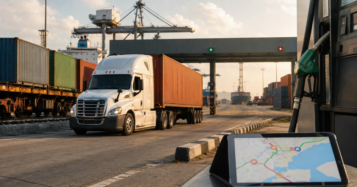 Camión portacontenedores saliendo de una terminal con surtidor de combustible y ruta logística