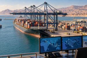 Buque portacontenedores en puerto de transbordo con mapas de ruta
