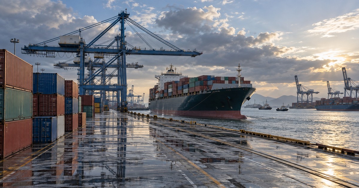 Terminal de contenedores tras lluvia con operaciones portuarias en recuperación