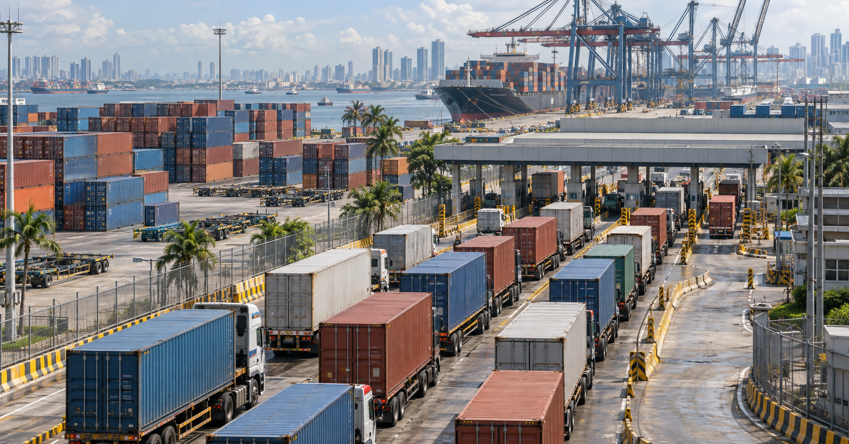 Camiones de contenedores esperando acceso a una terminal portuaria