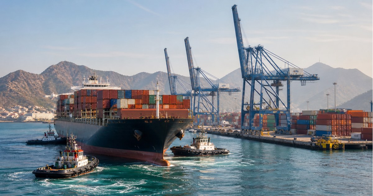 Buque portacontenedores de gran tamaño entrando a una terminal portuaria mexicana