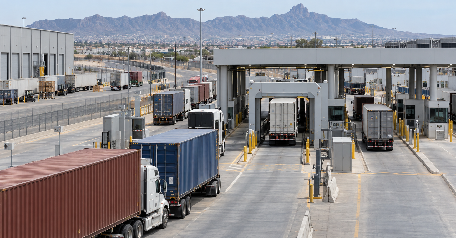 Camiones de carga pasando por un complejo de inspección aduanera