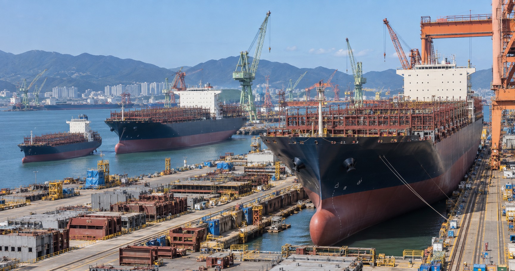 Portacontenedores de distintos tamaños en un astillero asiático