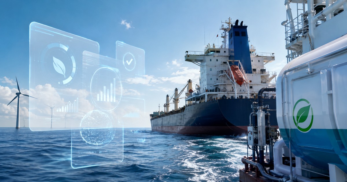 Buque de carga y paneles digitales abstractos de verificación ambiental en el mar