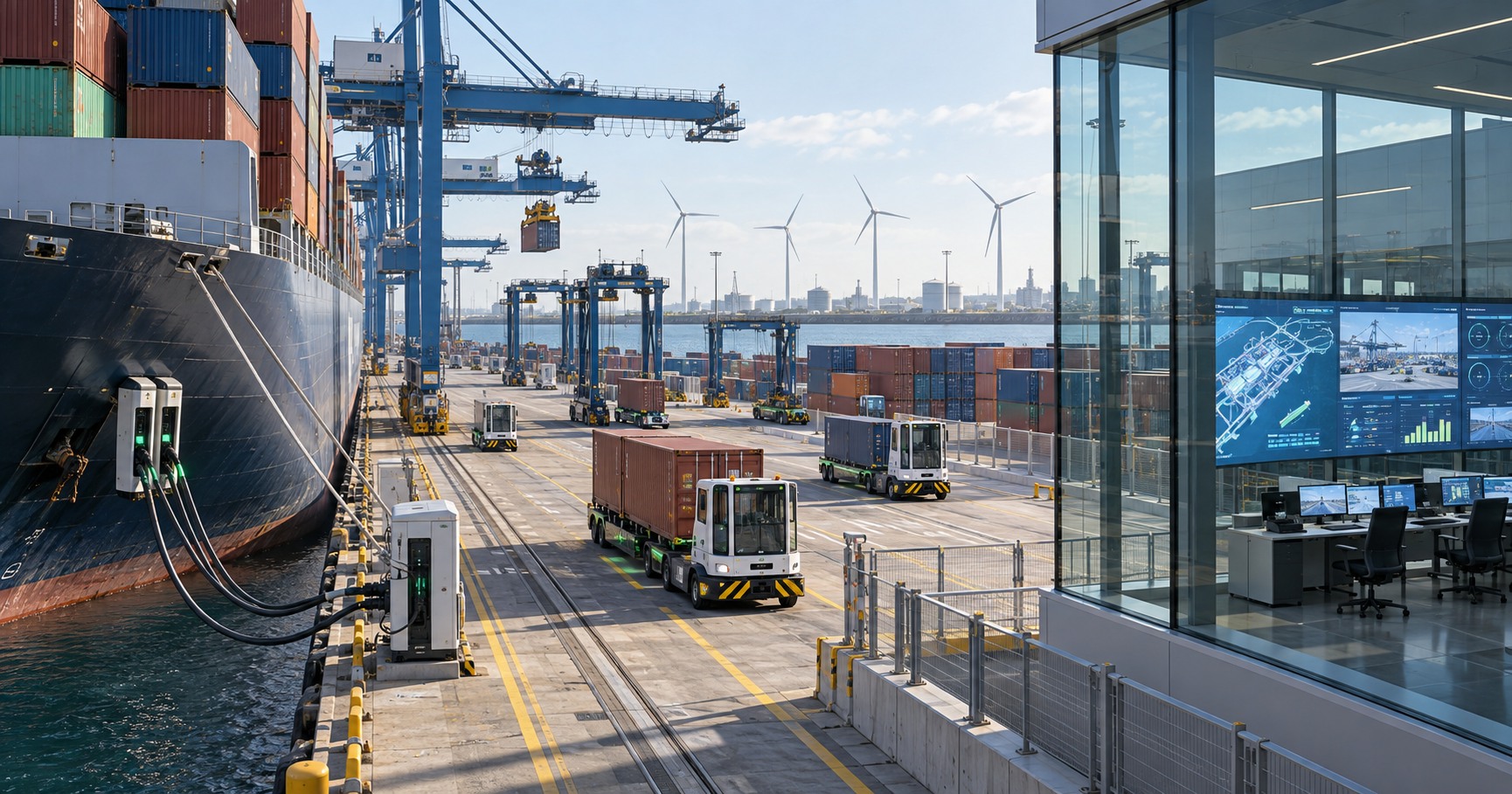 Terminal portuaria moderna con equipos eléctricos y centro de control digital
