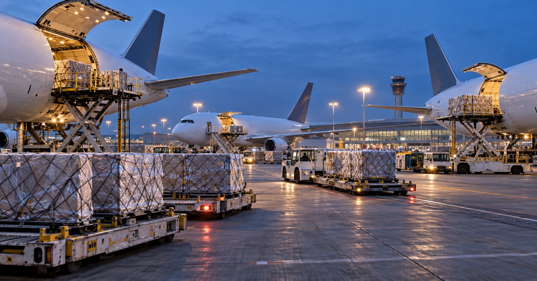 Transferencia coordinada de carga entre aviones cargueros en un aeropuerto
