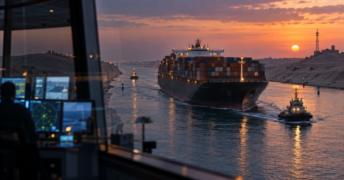 Buque portacontenedores transitando canal estratégico con control operativo marítimo