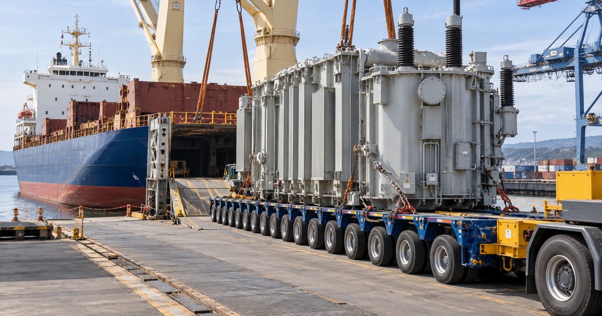 Transformador industrial sobredimensionado sobre remolque modular en puerto