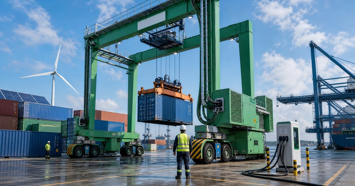 Grúa RTG eléctrica operando contenedores en un patio portuario moderno