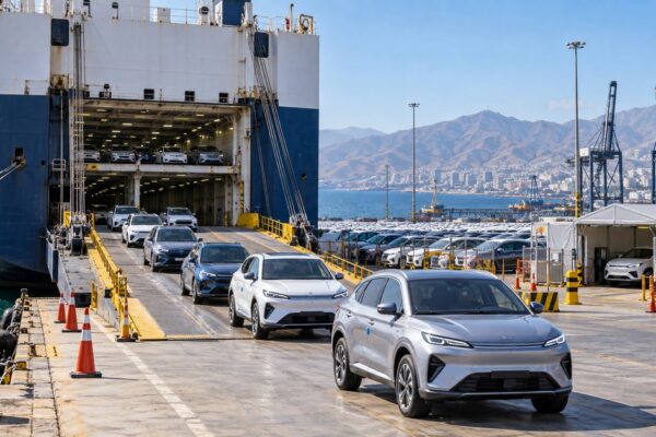San Antonio recibe un embarque record de vehiculos electricos y confirma el giro logistico automotor
