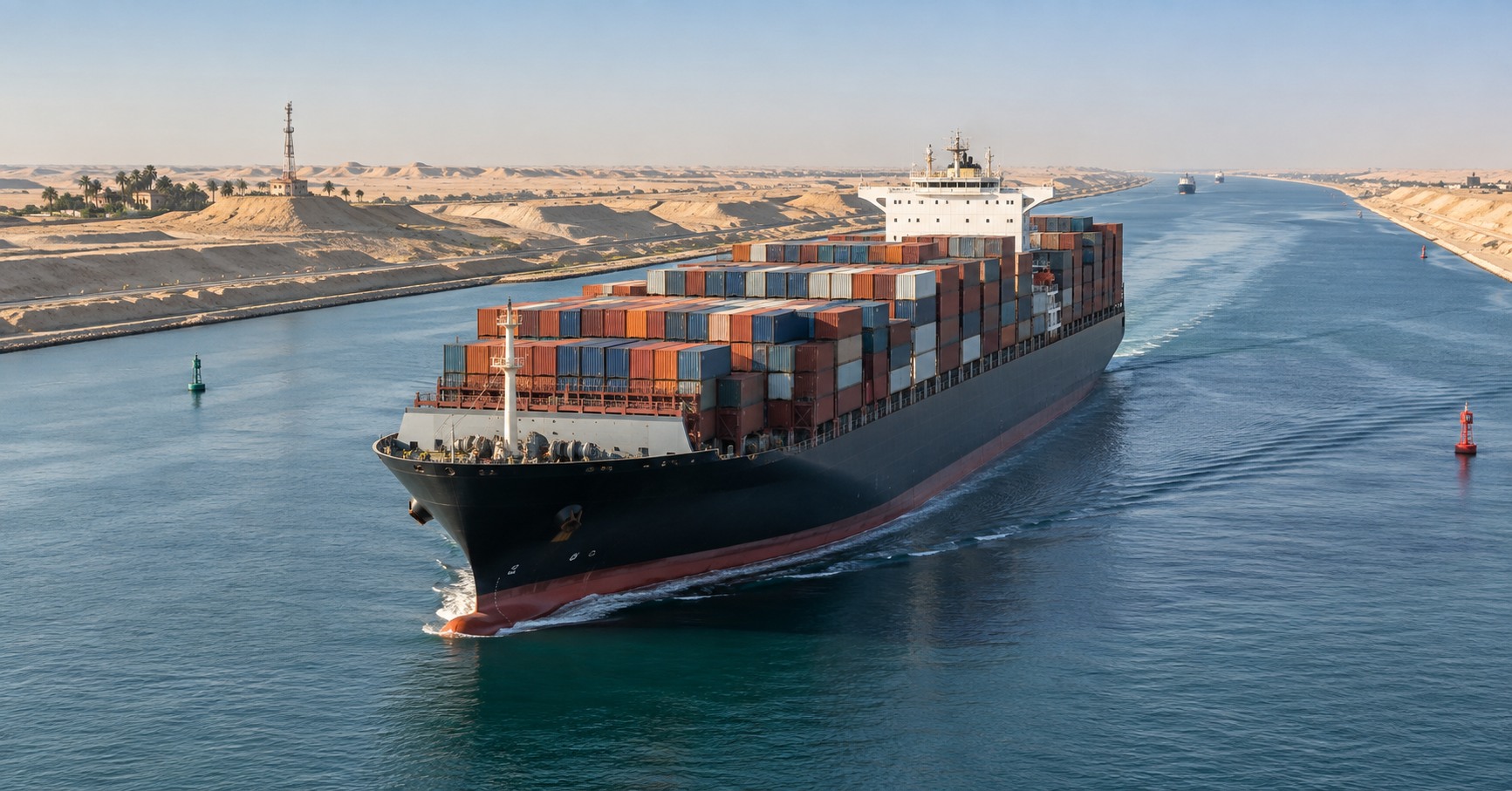 Buque portacontenedores navega por el Canal de Suez