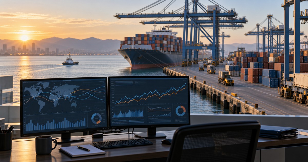Terminal de contenedores con pantalla de analisis de mercado logistico sin texto legible