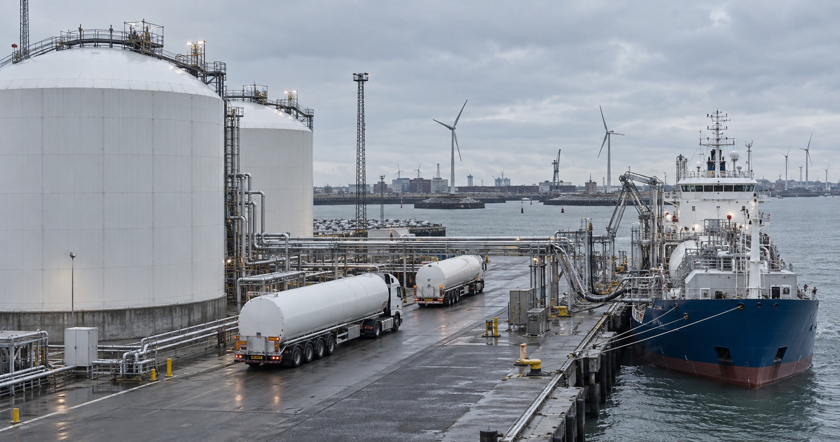 Terminal portuaria con tanques, camiones cisterna y buque de CO2