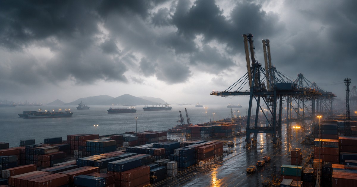 Terminal de contenedores bajo tormenta con buques esperando y operaciones portuarias afectadas