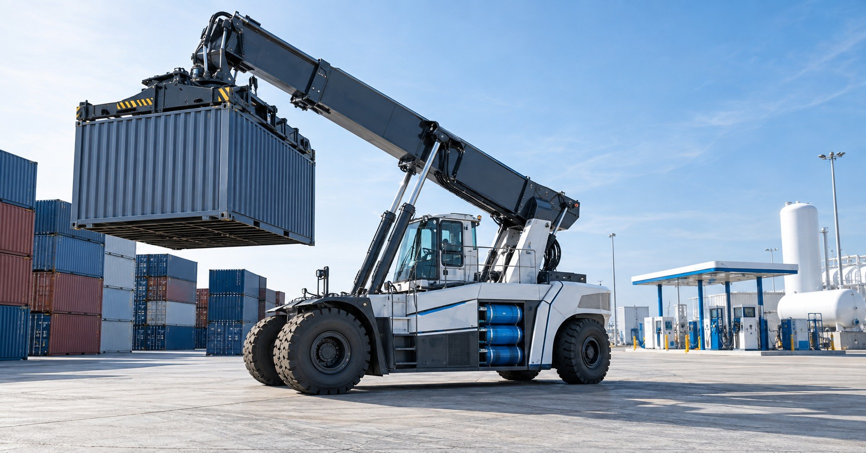 Reachstacker de hidrógeno manipula un contenedor en una terminal