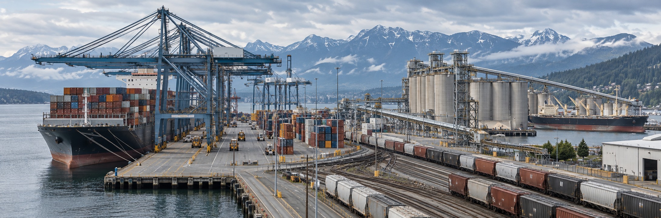 Terminal portuaria de Vancouver con contenedores, graneles y ferrocarril