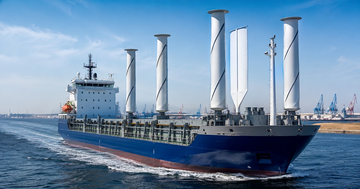 Buque comercial con rotores y alas de propulsión asistida por viento navegando cerca de un puerto