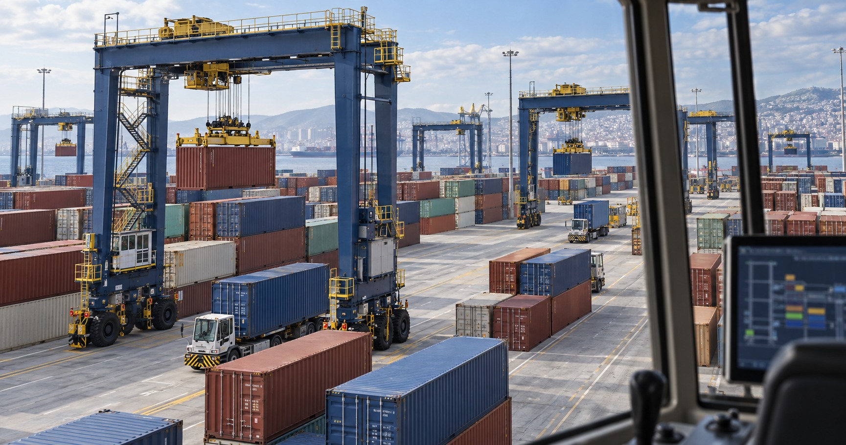 Grúas RTG operando en un patio de contenedores