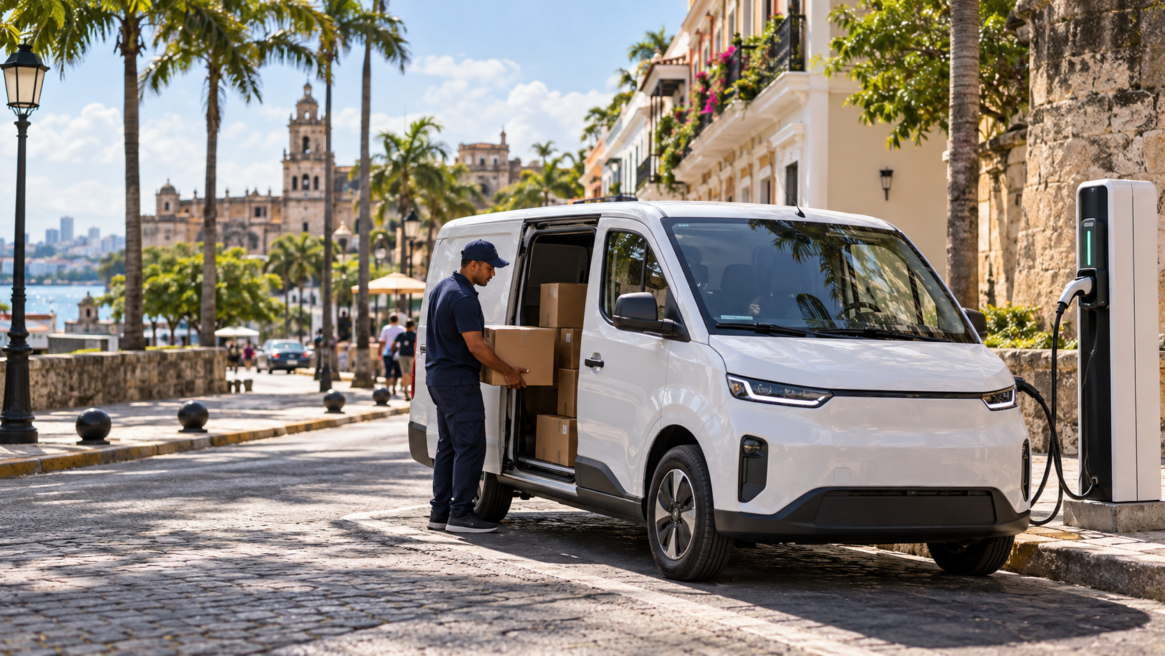 Vehículo eléctrico de reparto en una ruta urbana dominicana