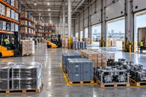 Centro logístico moderno con electrónica, autopartes y operaciones de almacén