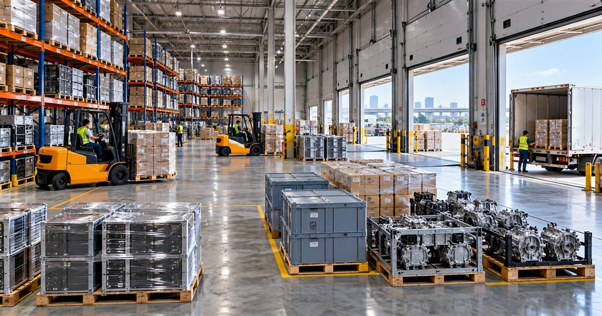 Centro logístico moderno con electrónica, autopartes y operaciones de almacén