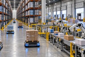 Centro de distribución automatizado con estanterías, robots y muelles de carga