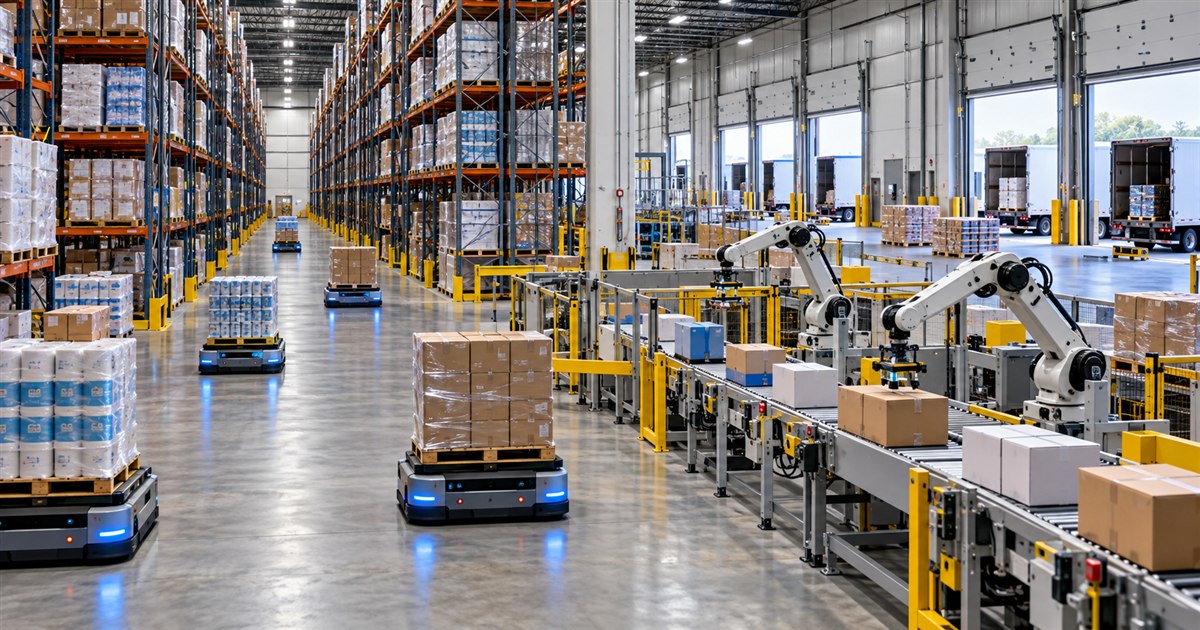 Centro de distribución automatizado con estanterías, robots y muelles de carga
